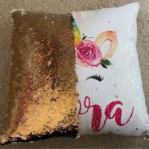 Sequin reversible Unicorn pillow with name Nora - like new!